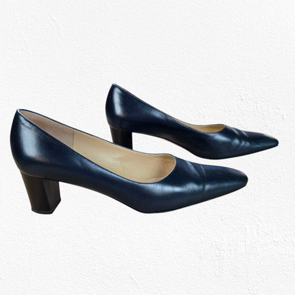 1990s Vintage Dark Navy Leather Square Toe Slip On Pump Block Heels Size 9.5 - Picture 1 of 10